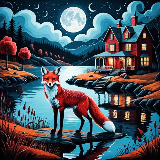 Crimson Fox by Moonlit Lake