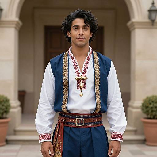 Photograph of a young man with curly black hair, wearing traditional Spanish flamenco attire: white shirt, navy vest with gold embroidery, red embroidered collar