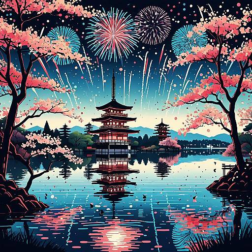 Vibrant Lake with Pagoda and Fireworks