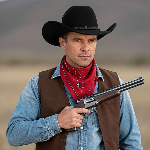 Photograph of a rugged man in a black cowboy hat, denim shirt, red bandana, brown vest, holding a vintage revolver, set against a