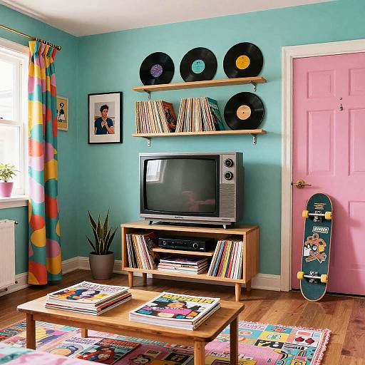 Vibrant living room with turquoise walls, pink door, retro record shelves, vintage TV, colorful curtains, skateboard, and patterned rugs.