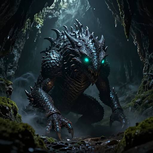 Digital artwork of a fierce, black-scaled, bioluminescent-eyed dragon with glowing blue eyes and sharp spikes, crouching in a dark