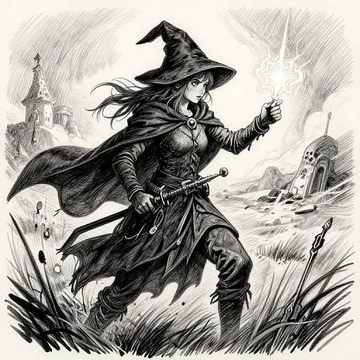 Black-and-white ink drawing of a determined witch in tattered robes and hat, casting a spell in a stormy graveyard.