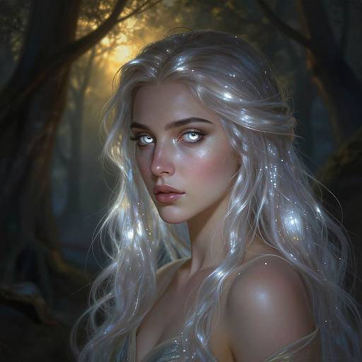 Digital artwork of a glowing, ethereal woman with long, silver hair, piercing blue eyes, and luminous skin in a dark, mystical forest.