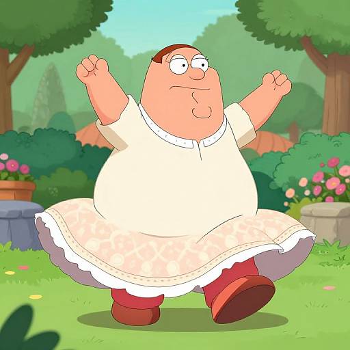 Cartoon chubby man with bald head, white dress, and red shoes joyfully dancing in a colorful, sunny garden. Arms raised, smiling.
