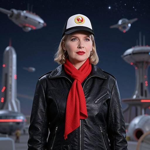 Photograph of a blonde woman with fair skin, red scarf, black leather jacket, and white cap with red emblem, standing in a sci-fi spaceship