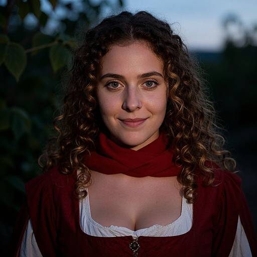 Photograph of a young woman with curly brown hair, brown eyes, fair skin, wearing a maroon scarf and brown dress with white lace trim,