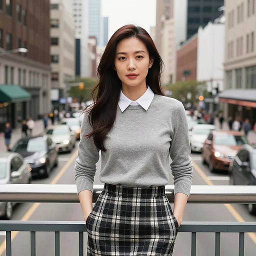 Photograph of an Asian woman with long black hair, wearing a gray sweater with a white collar and black plaid skirt, standing on a bustling urban