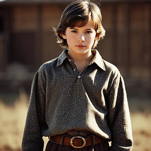 Young Boy in Vintage Tunic Standing Outdoors