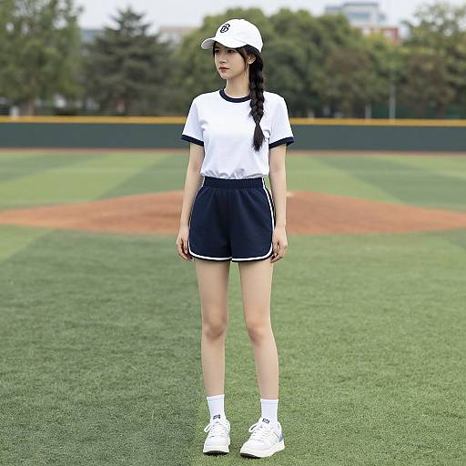 Photograph of an Asian woman with long black hair in a braid, wearing a white baseball cap, white shirt, navy shorts, white sneakers,