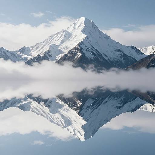 Photograph of a snow-capped mountain peak with bright white snow and dark rocky slopes, partially obscured by fluffy white clouds. Clear blue sky in the