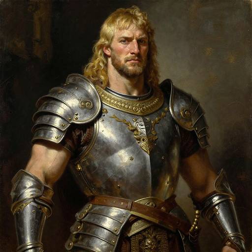 Digital painting of a muscular, bearded man with long blonde hair, wearing detailed medieval silver armor with gold accents, standing against a dark background.
