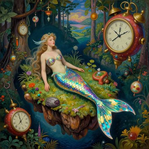 Fantastical digital painting of a shimmering mermaid with long blonde hair, lying on a floating grassy island, surrounded by oversized clocks and vibrant