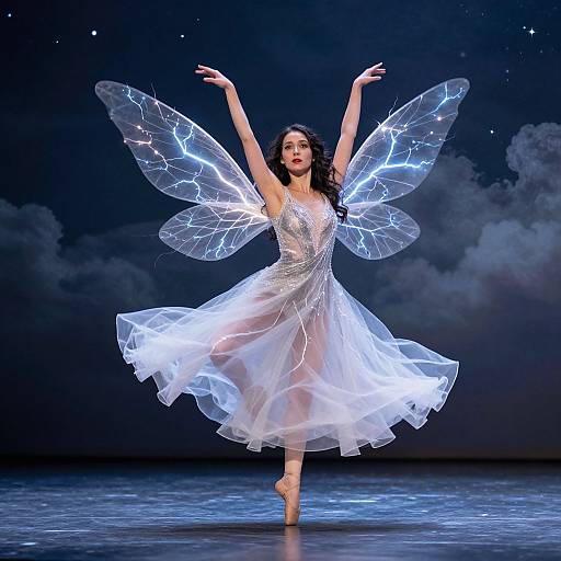 Photograph of a fair-skinned ballerina with dark wavy hair, wearing a sparkling white dress and glowing, translucent fairy wings, balancing on