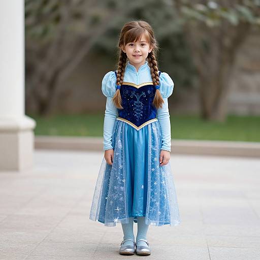 Photograph of a young girl with brown braided hair, wearing a blue Elsa-inspired dress, light blue blouse, and white shoes, standing on a