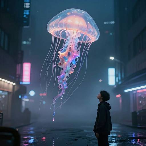 Photograph of a young person in a dark coat standing on a neon-lit, foggy city street, gazing at a large, glowing jelly