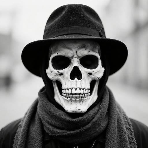 Black and white photograph of a skull wearing a dark fedora and scarf, centered with a blurred, light background.