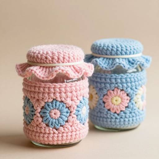 Photograph of two crocheted glass mason jars, one pink with blue flower, one blue with pink flower, against a beige background.