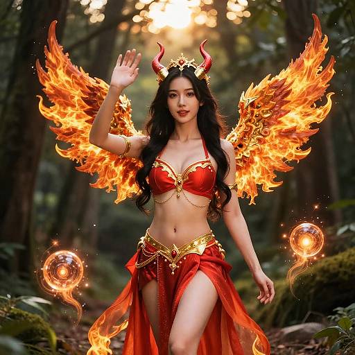 Digital artwork of an Asian woman with fiery wings, red horned headpiece, red bikini top and skirt, surrounded by glowing orbs in a forest.