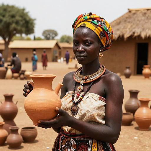 Photograph of a dark-skinned African woman with a colorful headwrap, traditional beaded necklace, and white cloth dress, holding a clay pot,