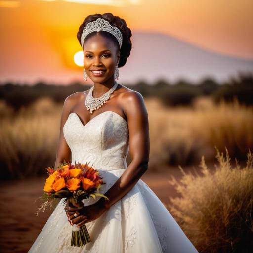African Bride in Wedding Dress at Sunset