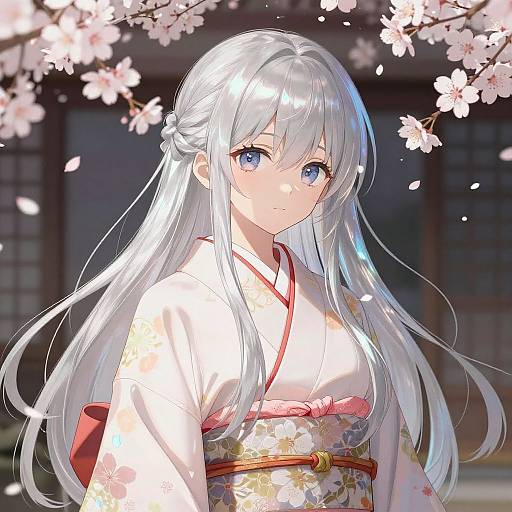 Anime-style digital drawing of a silver-haired girl with blue eyes, wearing a white floral kimono, standing under cherry blossoms.