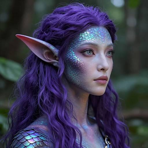 Digital artwork of a beautiful, purple-haired elf with glowing blue scales on her face, pointed ears, and green forest background.