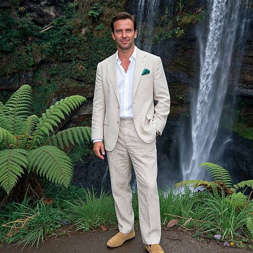 Photograph of a handsome man in a white suit, green pocket square, white shirt, tan shoes, standing in front of a waterfall with lush green