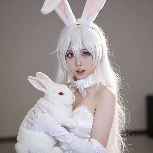 Digital CGI of a pale-skinned woman with long white hair, blue eyes, and bunny ears, wearing a white bunny costume, holding a white stuffed
