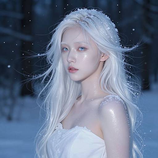 Digital artwork of a pale, ethereal woman with long, flowing white hair, blue eyes, and icy snowflakes on her skin and hair,
