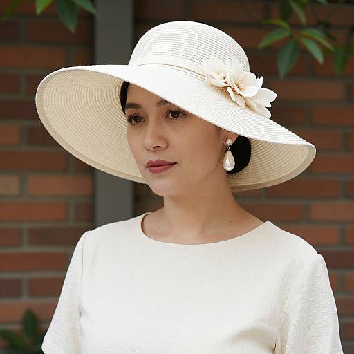 Photograph of a woman with fair skin, wearing a white wide-brimmed hat adorned with a flower, white blouse, and dangling earrings, standing