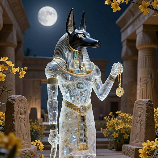 Luminous Anubis in Moonlit Temple Garden