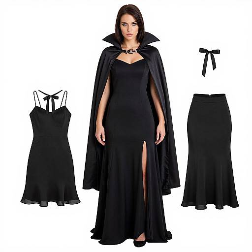 Photograph of a woman in a black, floor-length, gothic-style dress with a high collar and cape, flanked by a sleeveless black