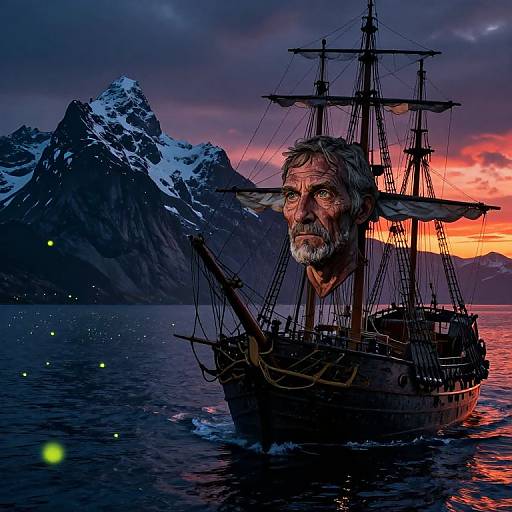 Digital artwork of an aged, bearded man's face superimposed on a dark, wooden sailing ship sailing in a bioluminescent, mountain