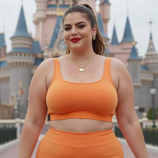 Curvy Woman in Orange Outfit in Front of Castle