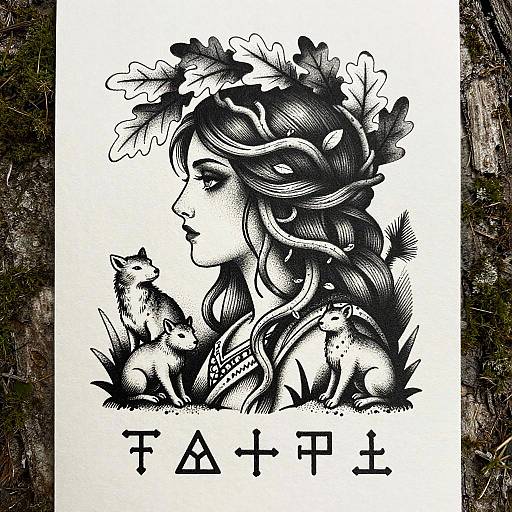 Vintage Druidess Tattoo Flash Illustration