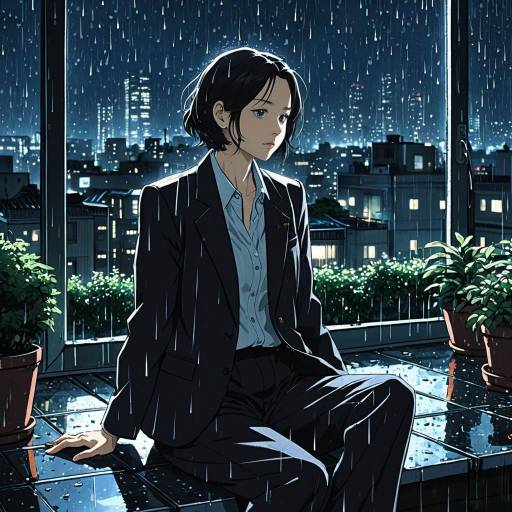Anime Woman Sitting on Rainy Rooftop at Night
