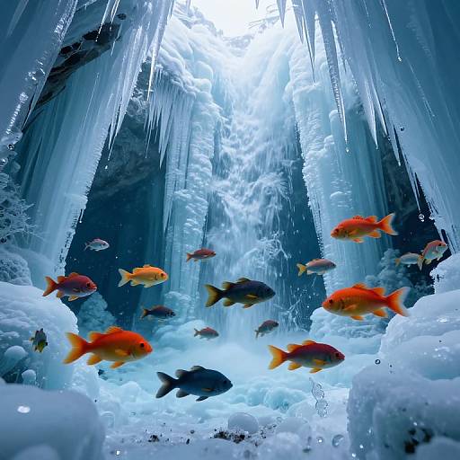 Photograph of vibrant orange and black goldfish swimming in icy, blue-lit underwater cave with cascading icicles and frozen bubbles.