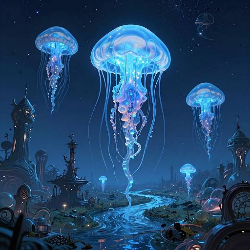 Digital illustration of a futuristic, glowing blue underwater city at night, featuring luminescent jellyfish and intricate, steampunk-inspired architecture.