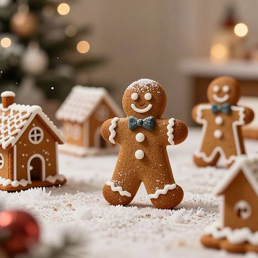 Photograph of a sugar-coated gingerbread man with white icing, blue bow, in a snowy Christmas village with wooden houses and blurred Christmas tree lights
