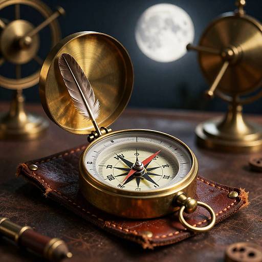Moonlit Antique Compass with Brass Feathers