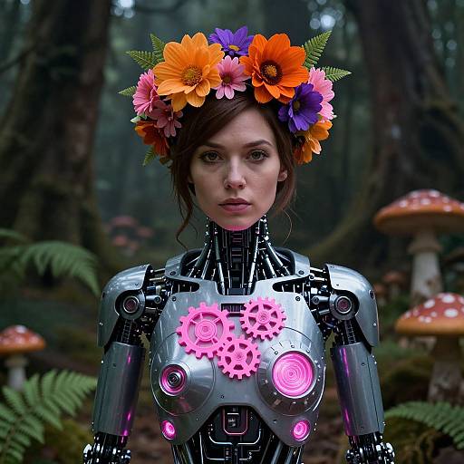 Digital artwork of a female robot with metallic silver body, glowing pink gears, and vibrant flower crown, set in a mystical forest with mushrooms.