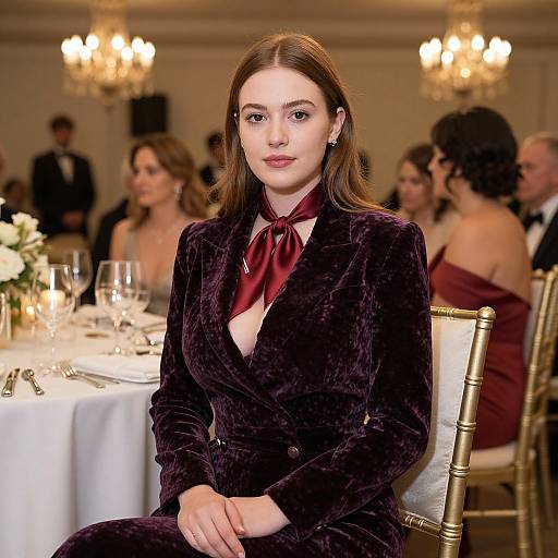 Photograph of a fair-skinned woman with straight brown hair, wearing a deep purple velvet blazer and red satin bow, seated at a formal dinner