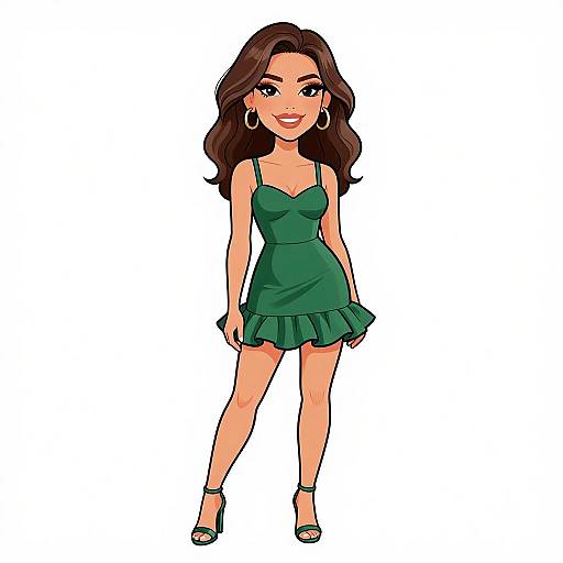 Digital illustration of a smiling woman with long brown hair, wearing a green, ruffled, sleeveless dress and green heels, standing against a white background
