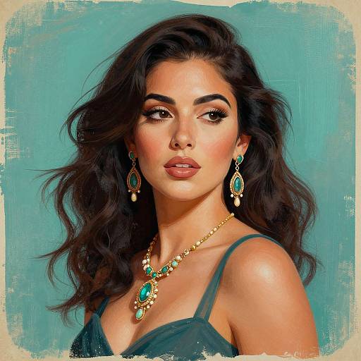 Digital portrait of a stunning woman with wavy dark hair, wearing green earrings and necklace, teal background, seductive expression, detailed makeup.