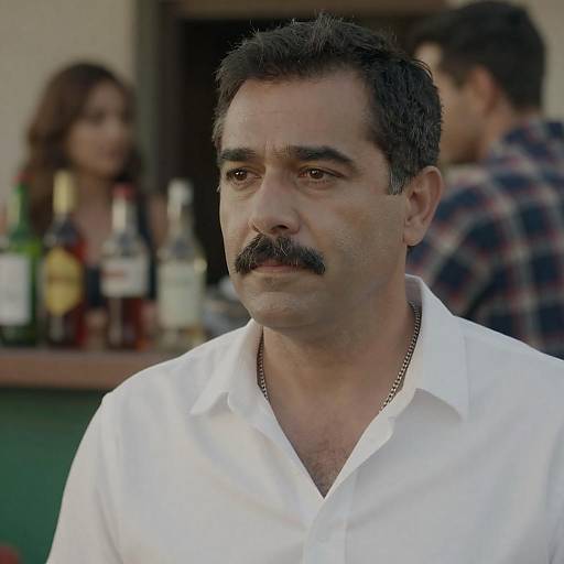 Serious Middle-Aged Man in White Shirt at Outdoor Bar