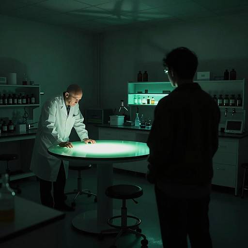 Scientists in Dark Laboratory with Glowing Table
