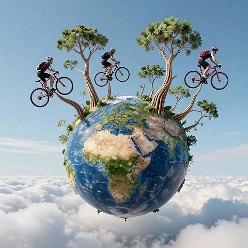 Digital illustration of a floating Earth with four cyclists riding bicycles on trees growing from it, set against a clear blue sky and fluffy white clouds.