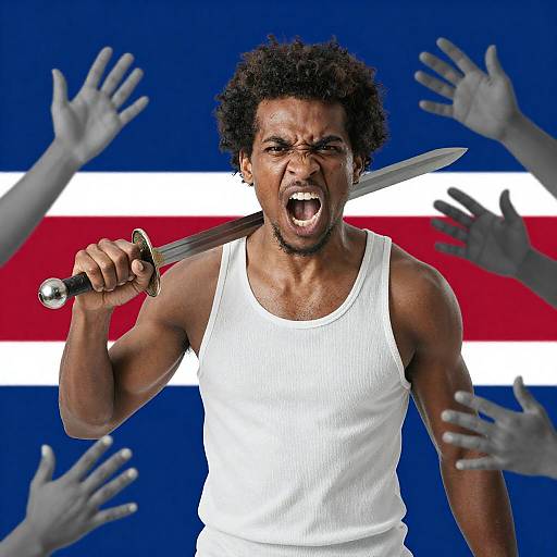 Angry Man with Sword and Abstract Background