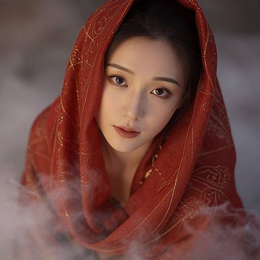 Photograph of an Asian woman with fair skin, large brown eyes, and dark hair, wearing a red, patterned headscarf, surrounded by
